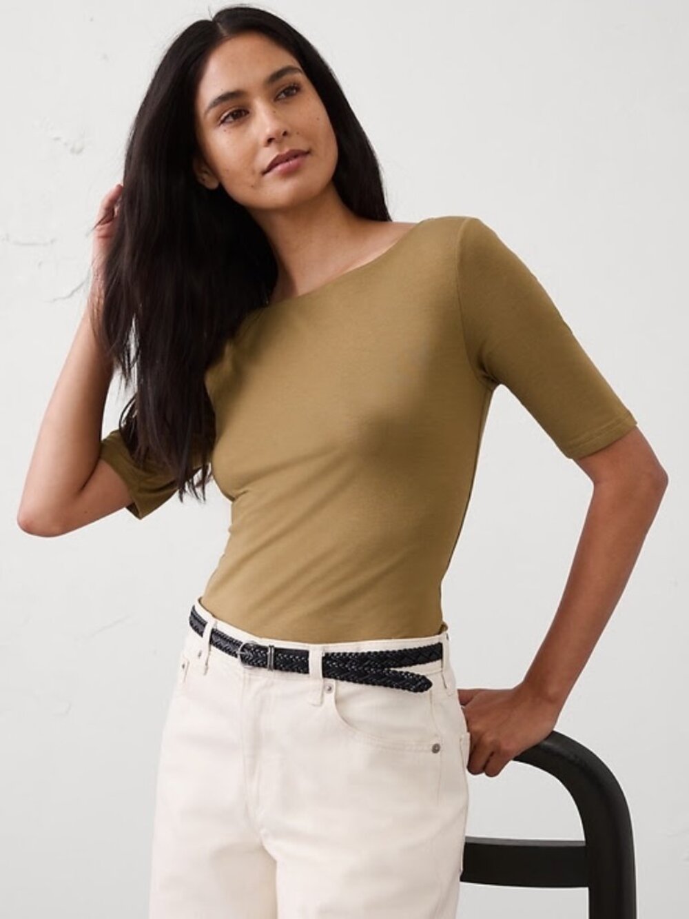 Banana Republic Soft Stretch Elbow-Sleeve Top Vintage Olive Size Large